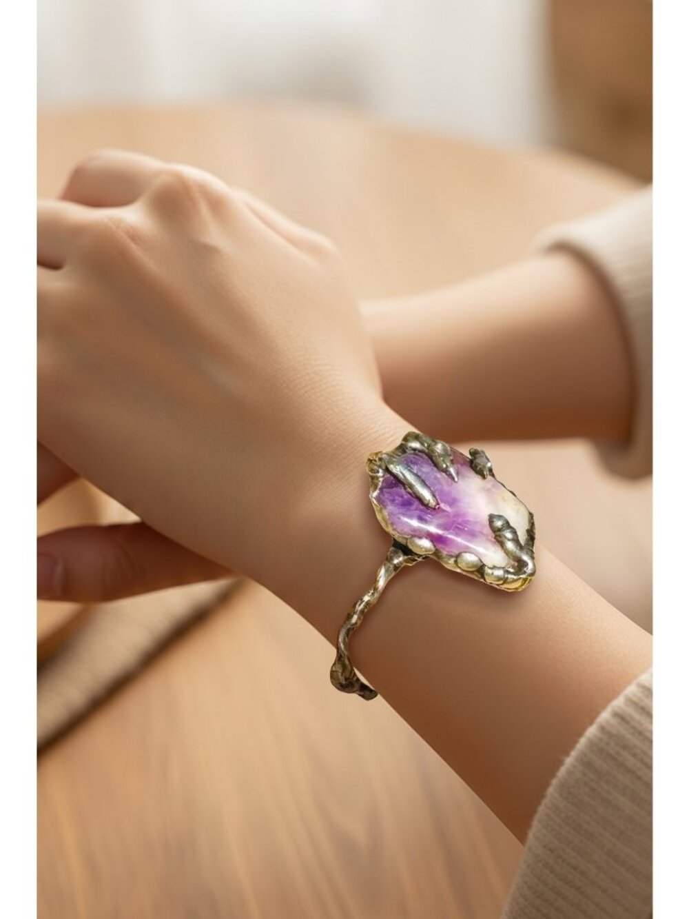 Amethyst Claw Cuff Bracelet - Silver Blend Boho Metalwork | Alma Antigua - Picture 9 of 14